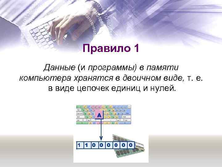 Правило 1 Данные (и программы) в памяти компьютера хранятся в двоичном виде, т. е.
