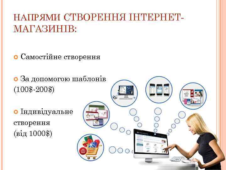 НАПРЯМИ СТВОРЕННЯ ІНТЕРНЕТМАГАЗИНІВ: Самостійне створення За допомогою шаблонів (100$-200$) Індивідуальне створення (від 1000$) 