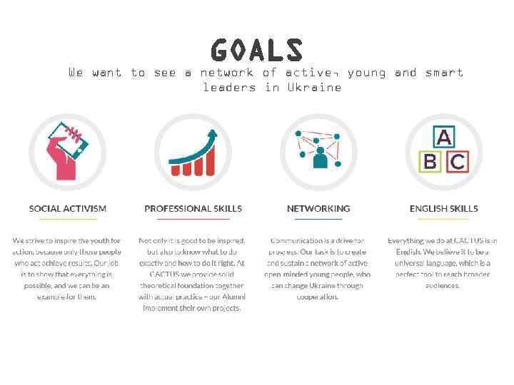 GOALS We want to see a network of active, young and smart leaders in