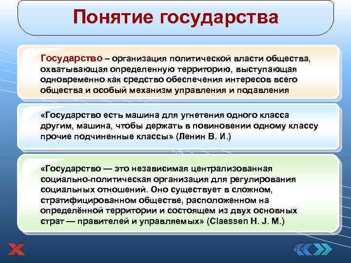 Понятие государства Государство – организация политической власти общества, охватывающая определенную территорию, выступающая одновременно как