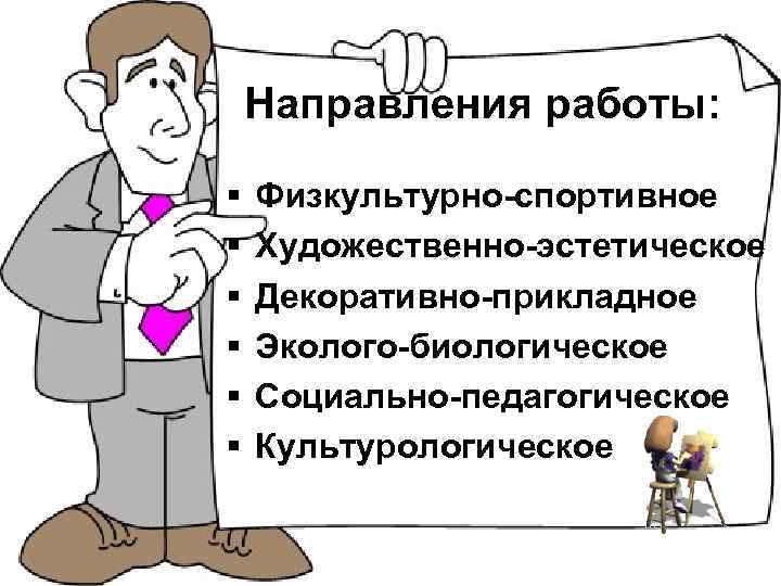 Направления работы: § § § Физкультурно-спортивное Художественно-эстетическое Декоративно-прикладное Эколого-биологическое Социально-педагогическое Культурологическое 