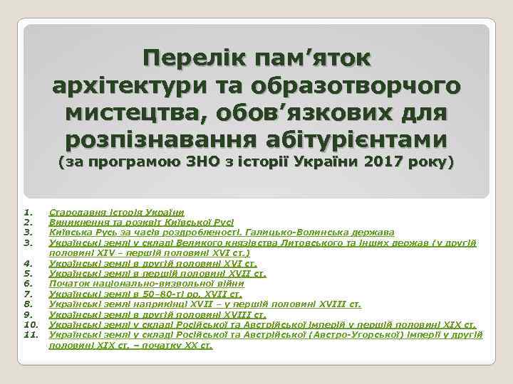 Перелік пам’яток архітектури та образотворчого мистецтва, обов’язкових для розпізнавання абітурієнтами (за програмою ЗНО з