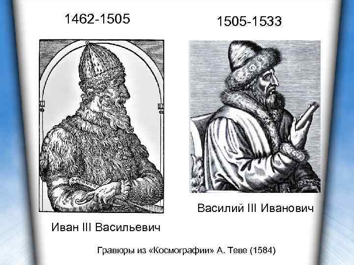 1462 -1505 -1533 Василий III Иванович Иван III Васильевич Гравюры из «Космографии» А. Теве