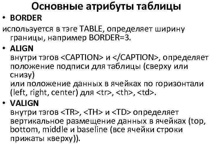Основные атрибуты таблицы • BORDER используется в тэге TABLE, определяет ширину границы, например BORDER=3.