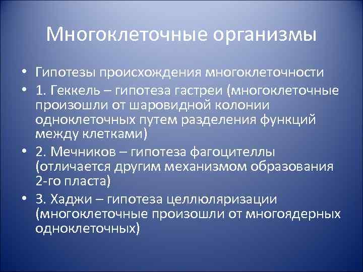 Многоклеточные организмы • Гипотезы происхождения многоклеточности • 1. Геккель – гипотеза гастреи (многоклеточные произошли