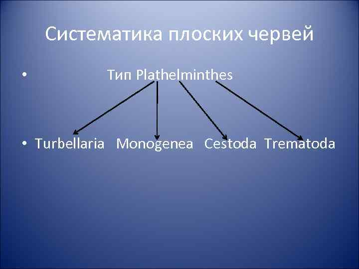 Систематика плоских червей • Тип Plathelminthes • Turbellaria Monogenea Cestoda Trematoda 