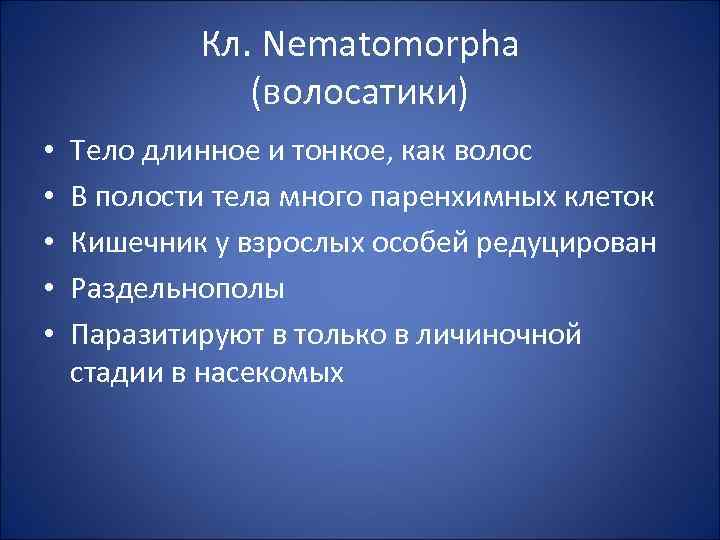 Кл. Nematomorpha (волосатики) • • • Тело длинное и тонкое, как волос В полости