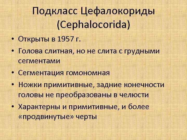 Подкласс Цефалокориды (Cephalocorida) • Открыты в 1957 г. • Голова слитная, но не слита