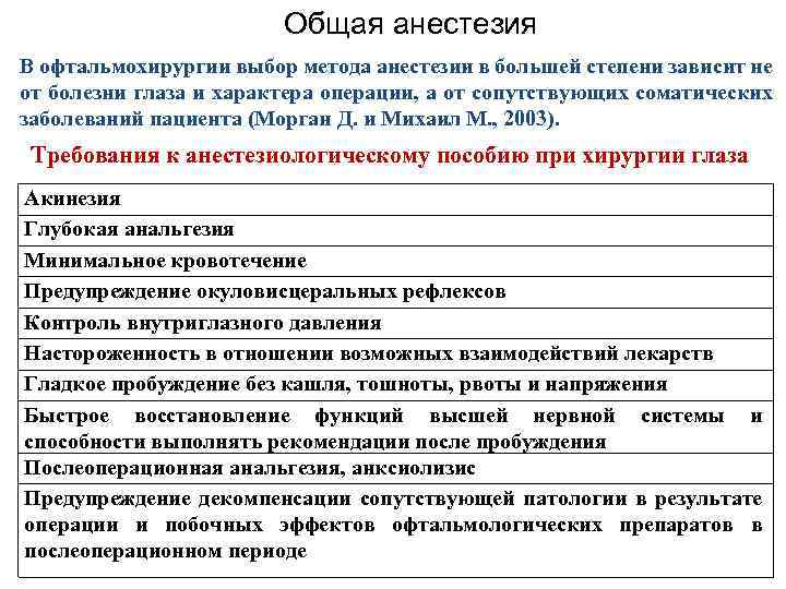 Общая анестезия В офтальмохирургии выбор метода анестезии в большей степени зависит не от болезни