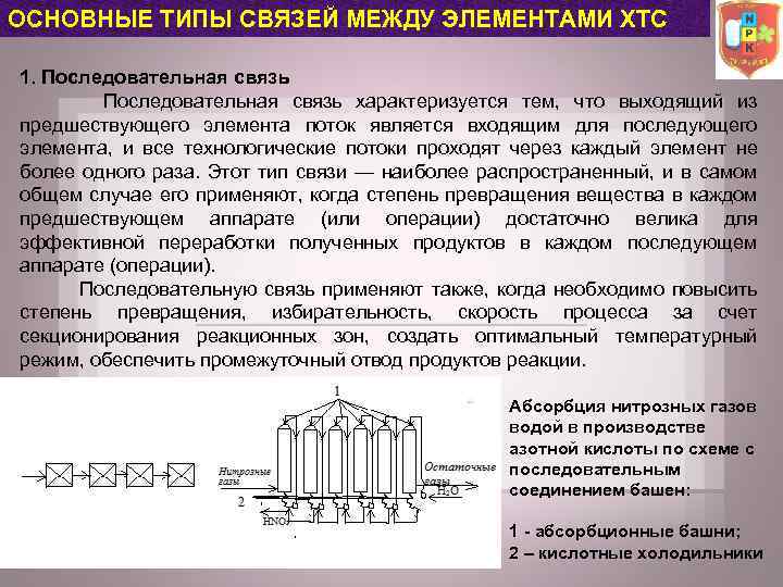 ОСНОВНЫЕ ТИПЫ СВЯЗЕЙ МЕЖДУ ЭЛЕМЕНТАМИ ХТС 1. Последовательная связь характеризуется тем, что выходящий из
