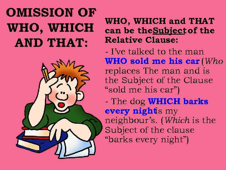 OMISSION OF WHO, WHICH AND THAT: WHO, WHICH and THAT can be the. Subject