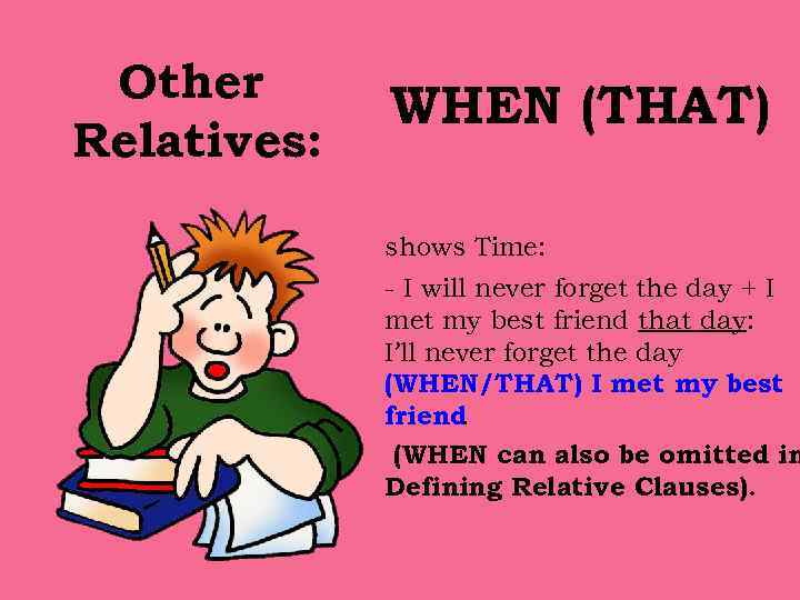 Other Relatives: WHEN (THAT) shows Time: - I will never forget the day +
