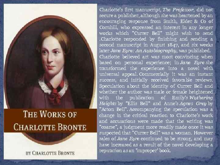 Charlotte's first manuscript, The Professor, did not secure a publisher, although she was heartened