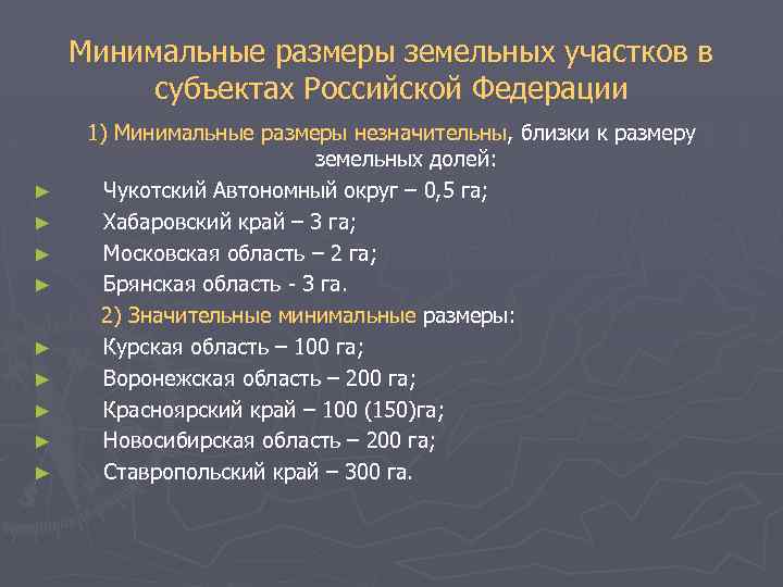 Минимальные размеры земельных участков в субъектах Российской Федерации ► ► ► ► ► 1)