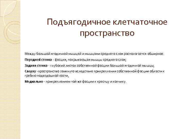 Подъягодичное клетчаточное пространство Между большой ягодичной мышцей и мышцами среднего слоя располагается обширное. Передней