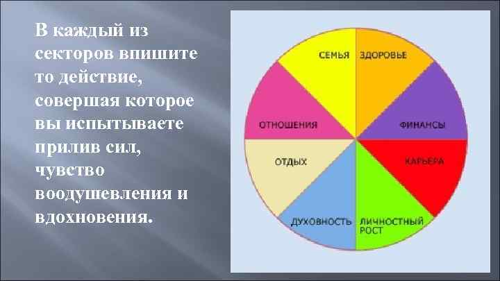 В каждый из секторов впишите то действие, совершая которое вы испытываете прилив сил, чувство