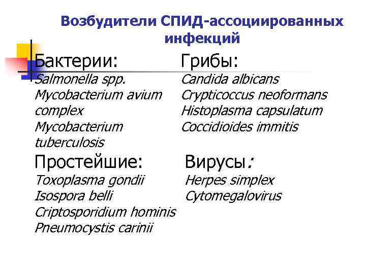 Возбудители СПИД-ассоциированных инфекций Бактерии: Грибы: Простейшие: Вирусы: Salmonella spp. Mycobacterium avium complex Mycobacterium tuberculosis