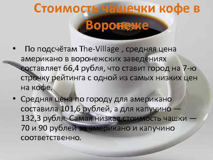 Стоимость чашечки кофе в Воронеже • По подсчётам The-Village , средняя цена американо в