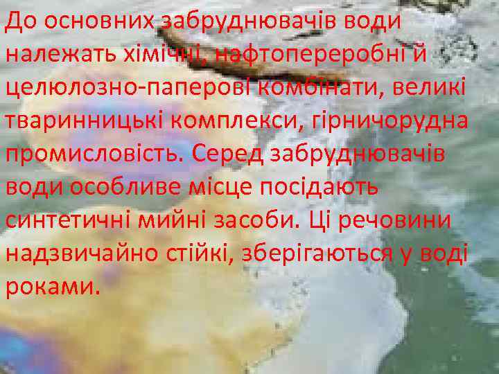 До основних забруднювачів води належать хімічні, нафтопереробні й целюлозно-паперові комбінати, великі тваринницькі комплекси, гірничорудна