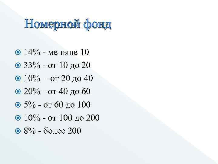 Номерной фонд 14% - меньше 10 33% - от 10 до 20 10% -
