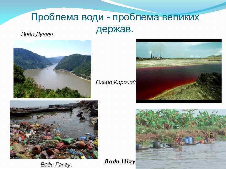 Проблема води - проблема великих держав. Води Дунаю. Озеро Карачай Води Гангу. Води Нілу.