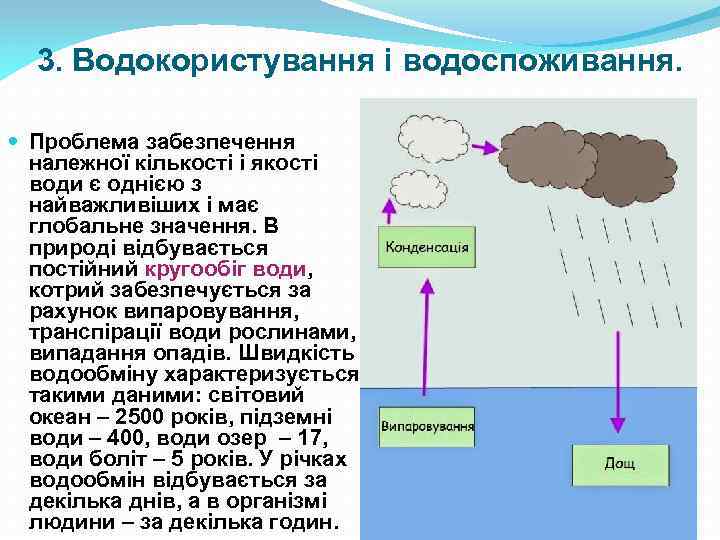 3. Водокористування і водоспоживання. Проблема забезпечення належної кількості і якості води є однією з