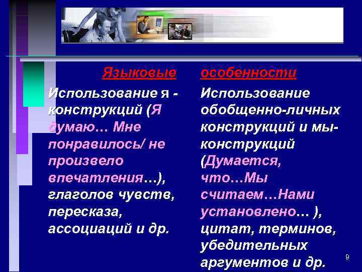 Языковые Использование я конструкций (Я думаю… Мне понравилось/ не произвело впечатления…), глаголов чувств, пересказа,