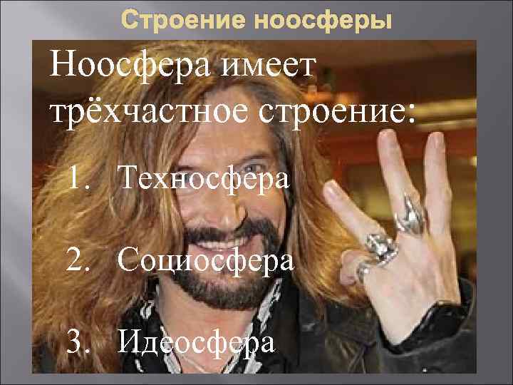Строение ноосферы Ноосфера имеет трёхчастное строение: 1. Техносфера 2. Социосфера 3. Идеосфера 