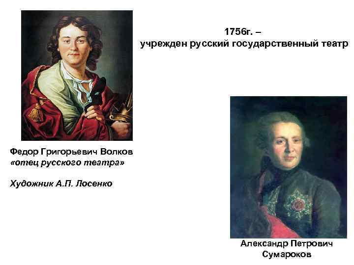 1756 г. – учрежден русский государственный театр Федор Григорьевич Волков «отец русского театра» Художник