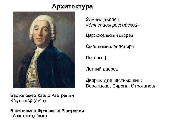 Архитектура Зимний дворец «для славы российской» Царскосельский дворец Смольный монастырь Петергоф Летний дворец Дворцы
