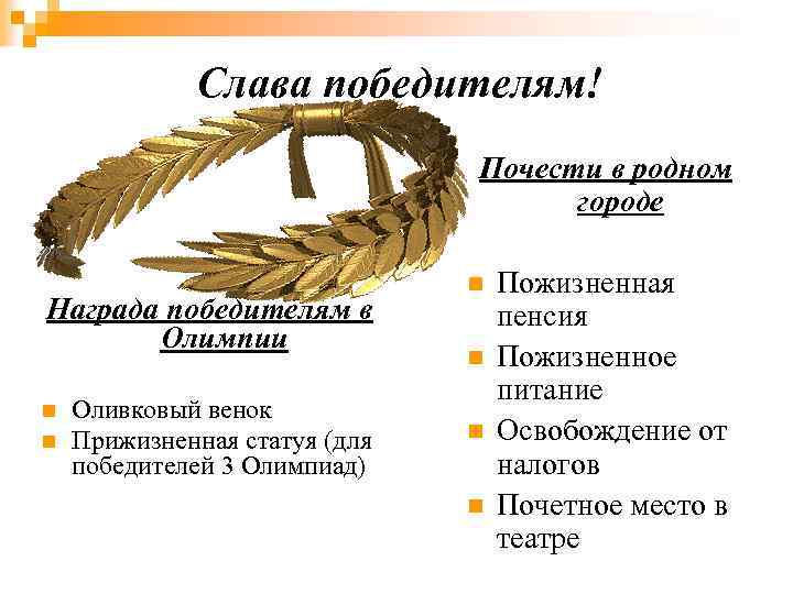 Слава победителям! Почести в родном городе Награда победителям в Олимпии n n Оливковый венок