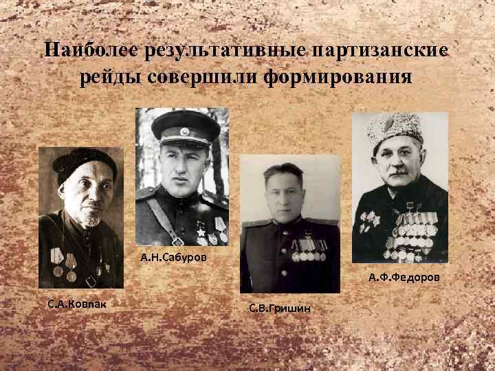 Наиболее результативные партизанские рейды совершили формирования А. Н. Сабуров А. Ф. Федоров С. А.