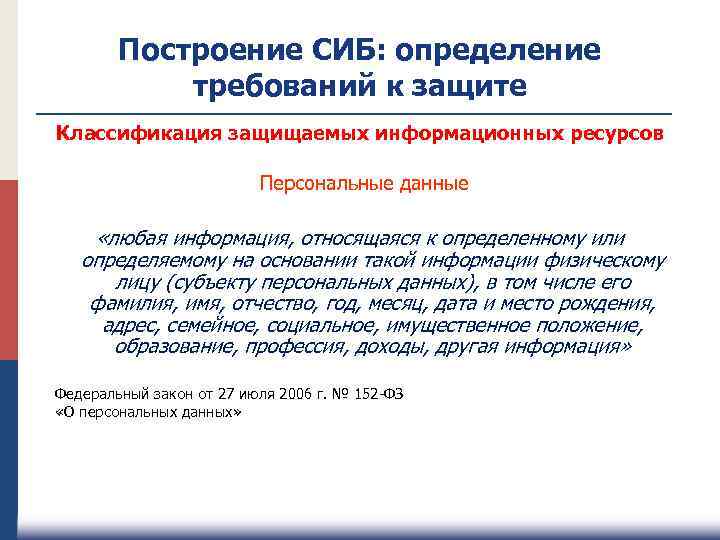 Построение СИБ: определение требований к защите Классификация защищаемых информационных ресурсов Персональные данные «любая информация,