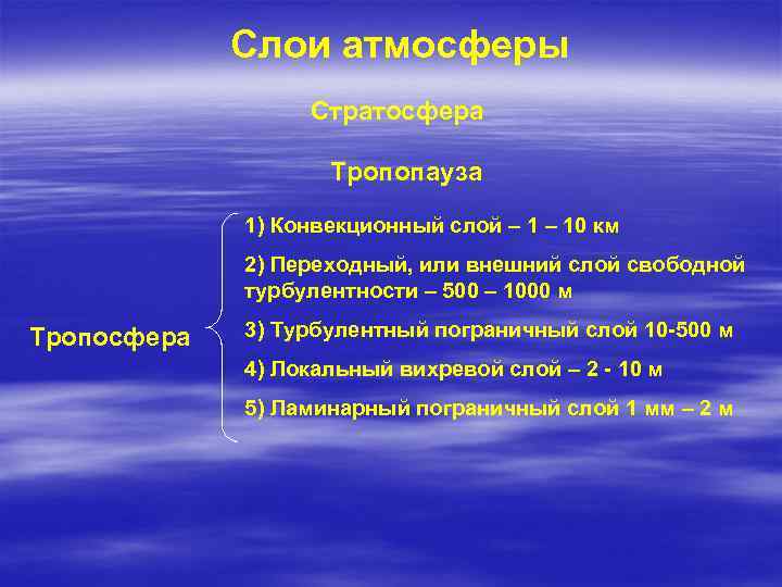 Слои атмосферы Стратосфера Тропопауза 1) Конвекционный слой – 10 км 2) Переходный, или внешний
