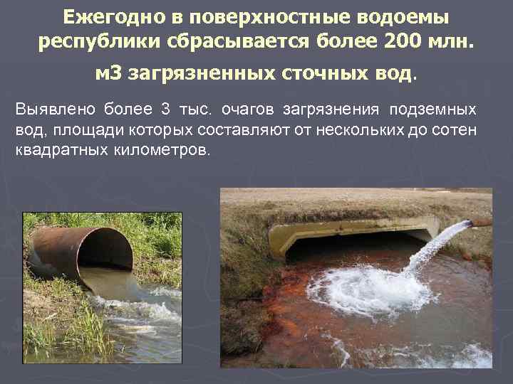 Ежегодно в поверхностные водоемы республики сбрасывается более 200 млн. м 3 загрязненных сточных вод.