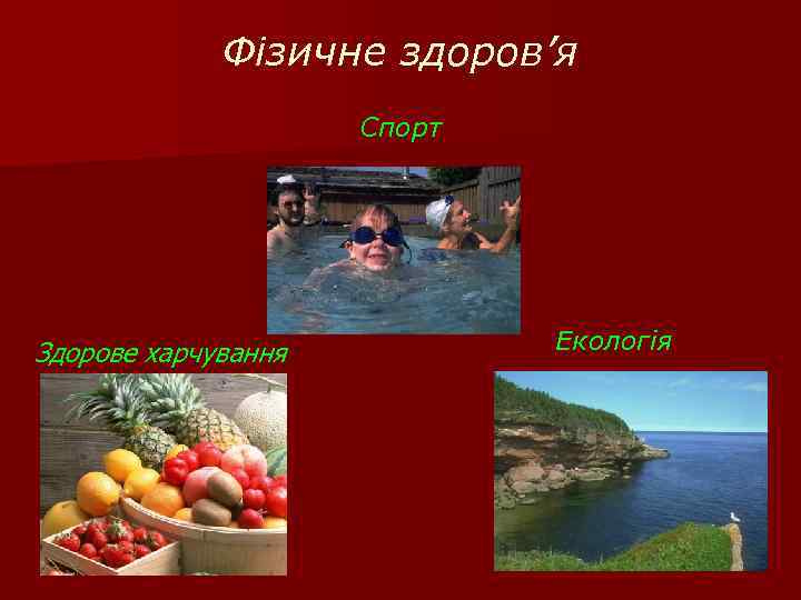 Фізичне здоров’я Спорт Здорове харчування Екологія 