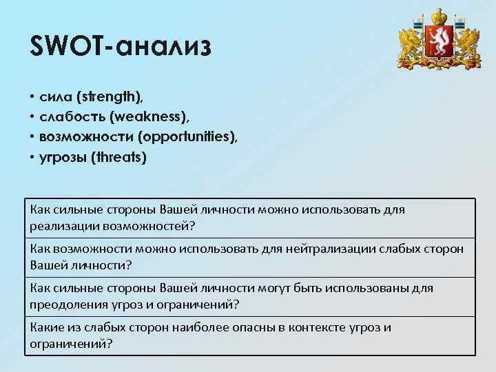 SWOT-анализ • • сила (strength), слабость (weakness), возможности (opportunities), угрозы (threats) Как сильные стороны