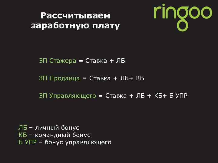 Рассчитываем заработную плату ЗП Стажера = Ставка + ЛБ ЗП Продавца = Ставка +