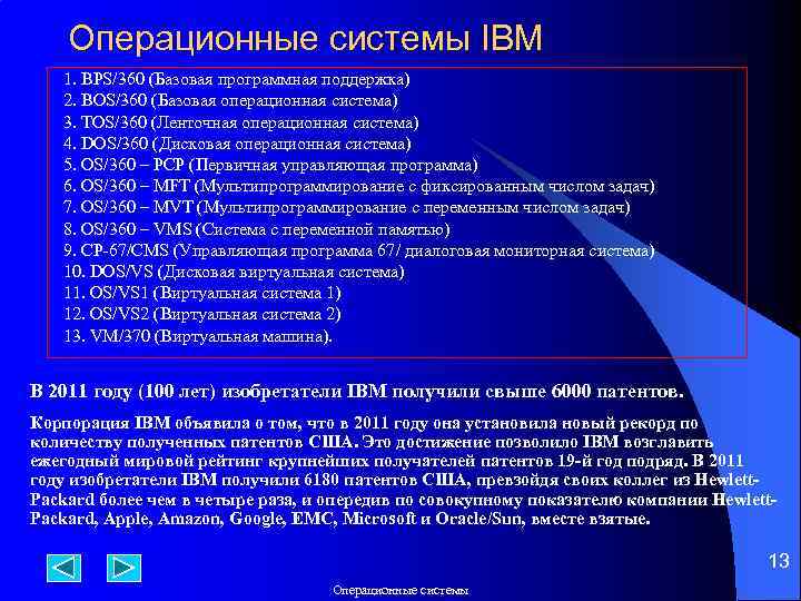 Операционные системы IBM 1. BPS/360 (Базовая программная поддержка) 2. BOS/360 (Базовая операционная система) 3.