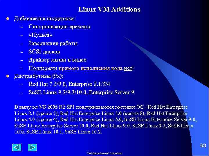 Linux VM Additions l l Добавляется поддержка: – Синхронизации времени – «Пульса» – Завершения