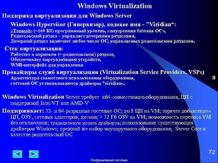 Windows Virtualization Поддержка виртуализации для Windows Server Windows Hypervisor (Гипервизор), кодовое имя - 