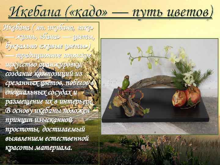 Икебана ( «кадо» — путь цветов) Икебана ( яп. икэбана, «ике» — жизнь, «бана»