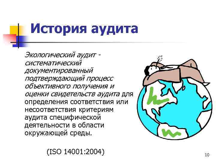 История аудита Экологический аудит систематический документированный подтверждающий процесс объективного получения и оценки свидетельств аудита