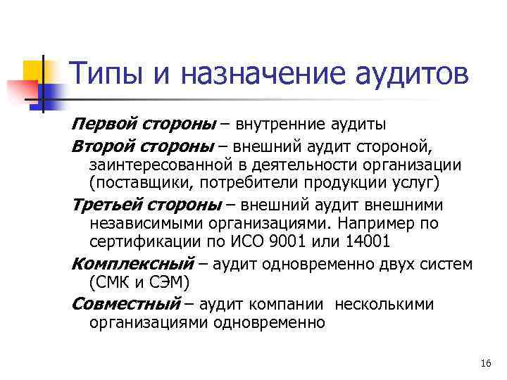 Типы и назначение аудитов Первой стороны – внутренние аудиты Второй стороны – внешний аудит