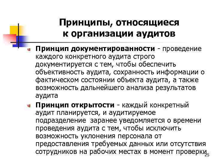 Принципы, относящиеся к организации аудитов Принцип документированности - проведение каждого конкретного аудита строго документируется