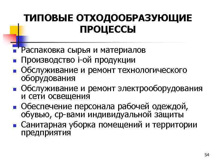 ТИПОВЫЕ ОТХОДООБРАЗУЮЩИЕ ПРОЦЕССЫ n n n Распаковка сырья и материалов Производство i-ой продукции Обслуживание