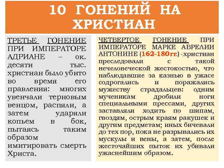 10 ГОНЕНИЙ НА ХРИСТИАН ТРЕТЬЕ ГОНЕНИЕ ПРИ ИМПЕРАТОРЕ АДРИАНЕ – ок. десяти тыс. христиан