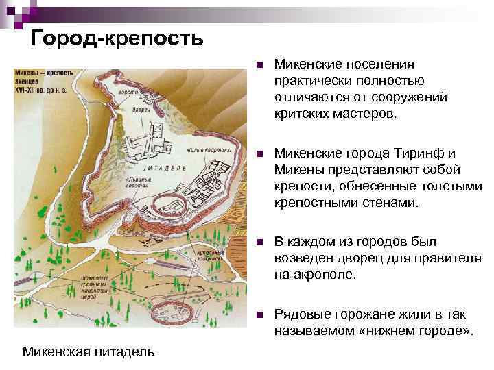 Город-крепость n n Микенские города Тиринф и Микены представляют собой крепости, обнесенные толстыми крепостными