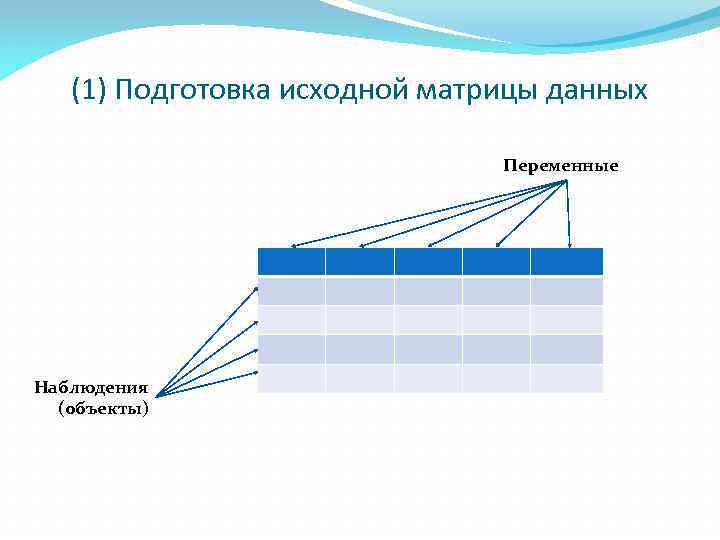 (1) Подготовка исходной матрицы данных Переменные Наблюдения (объекты) 