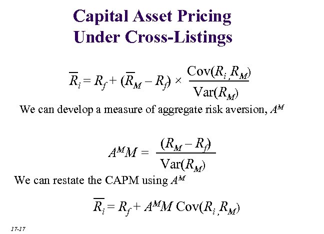 Capital Asset Pricing Under Cross-Listings Ri = Rf + (RM – Rf) × Cov(Ri